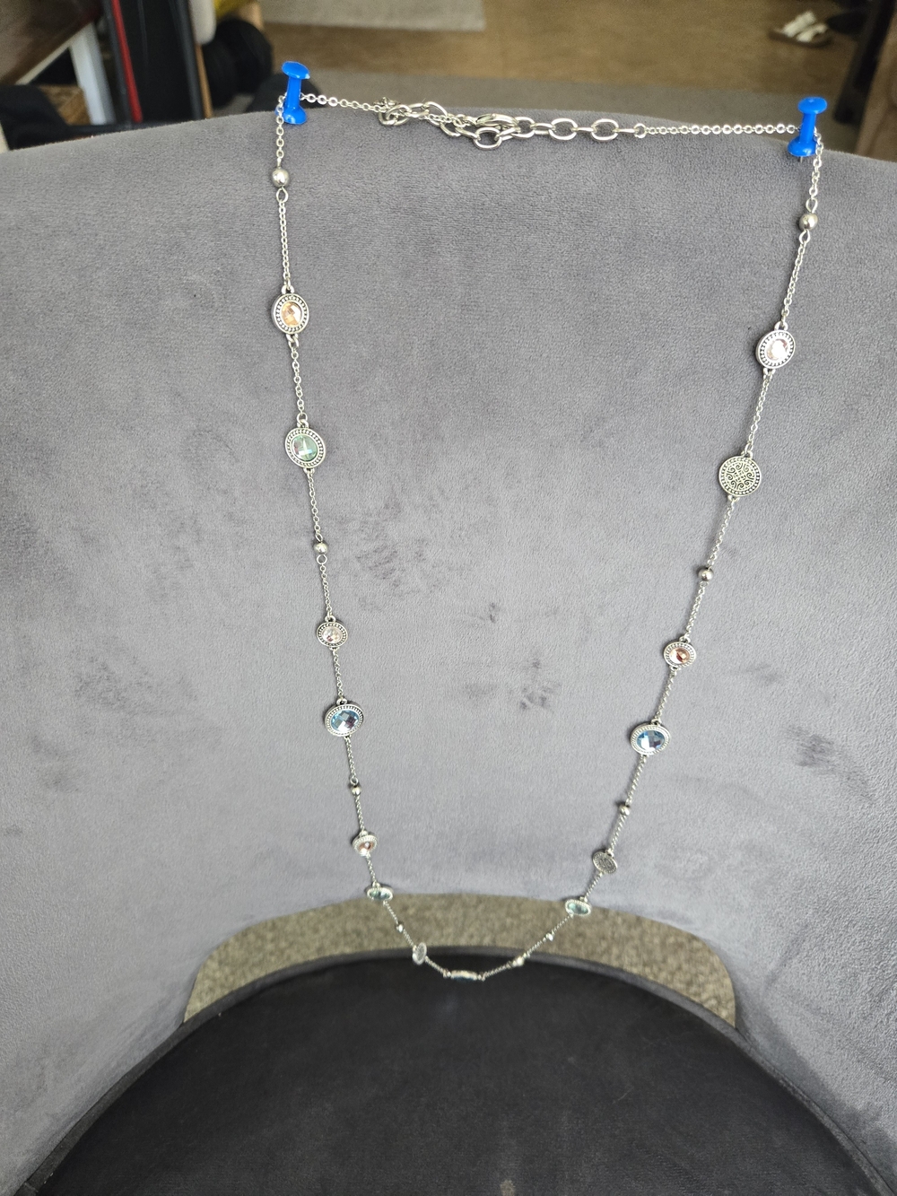 Vintage Long Station Necklace Silver Tone Multi Color Crystal Filigree Signed